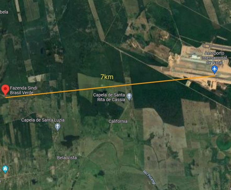 Mapa de distância entre a Fazenda Sindi Brasil Verde e o Aeroporto de Natal